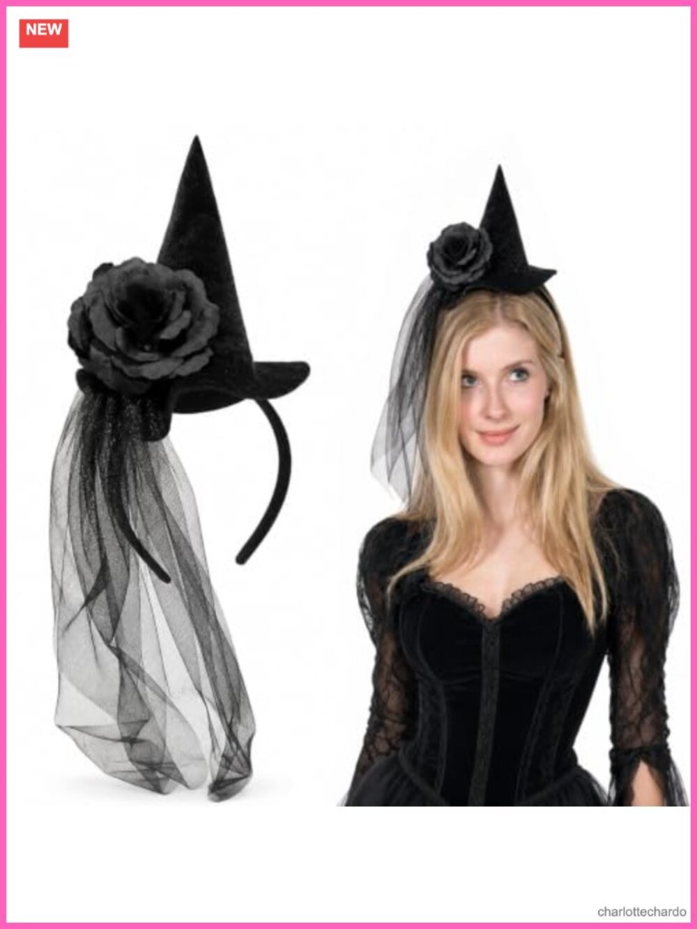 Witch Hat Headband Mini Hat Long Veil Floral Halloween Costume Accessory
